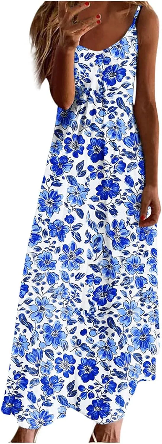Summer Maxi Dresses for Women Spaghetti Strap Dress Fashion V Neck Floral Print Sundresses 2025 Beach Vacation Outfit