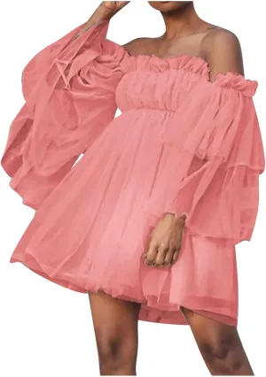 Summer Off The Shoulder Ruffle Mini Dresses for Women Puff Sleeve Backless Swing A-Line Dress Cute Tulle Tutu Dress