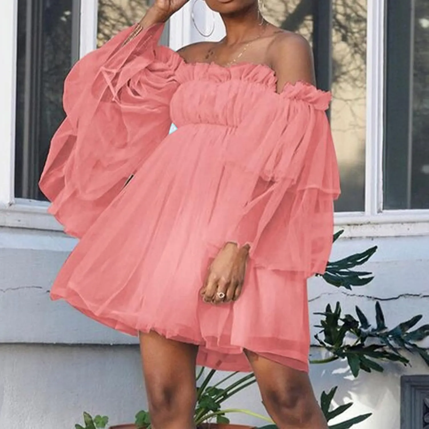 Summer Off The Shoulder Ruffle Mini Dresses for Women Puff Sleeve Backless Swing A-Line Dress Cute Tulle Tutu Dress