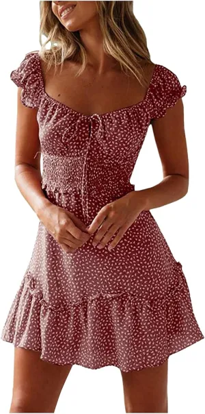 Summer Womens Smocked Dresses Ruffle Floral Tie Front Boho Sundress Sexy Fashion Print Neckline Mini Dress