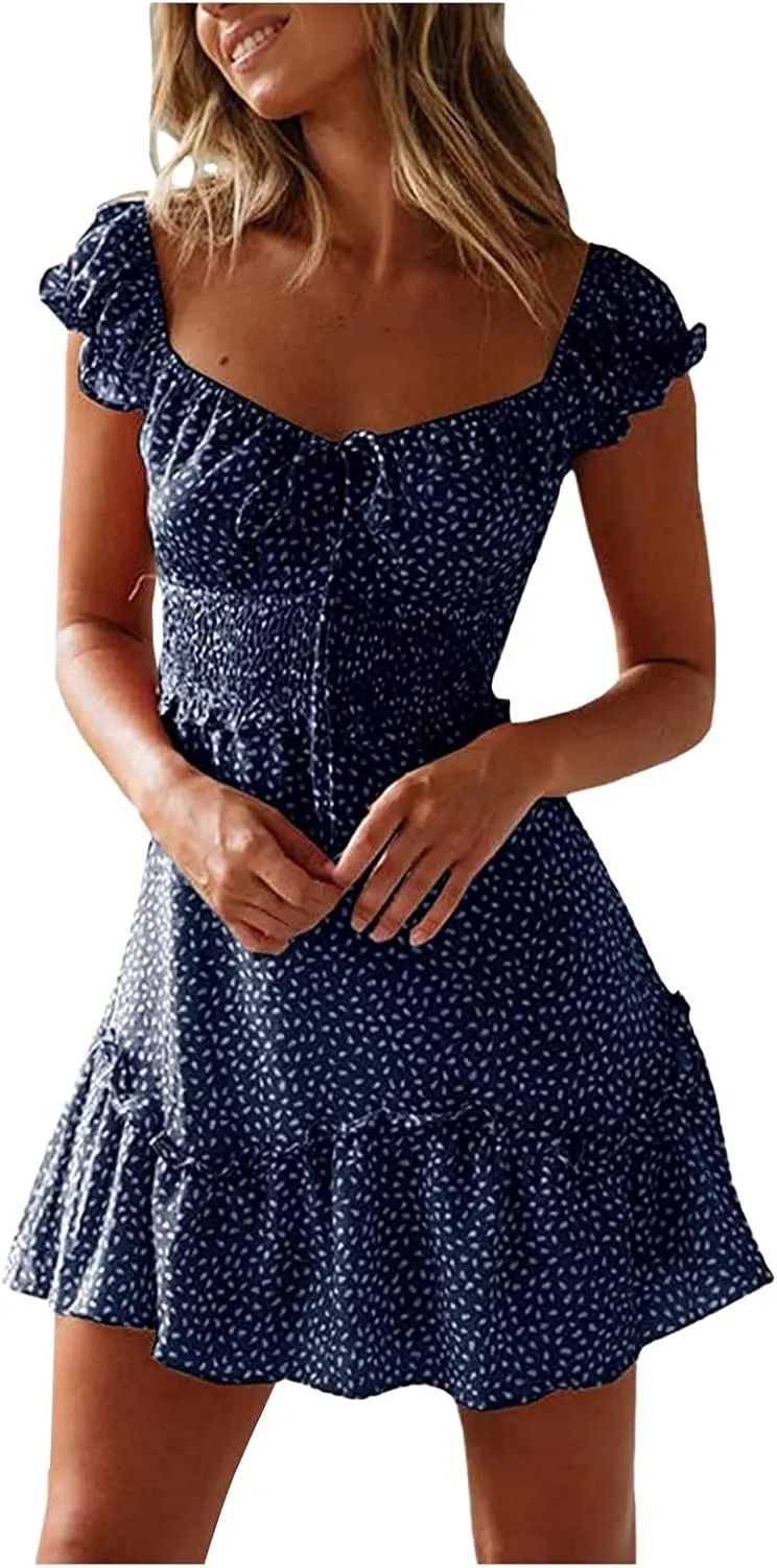 Summer Womens Smocked Dresses Ruffle Floral Tie Front Boho Sundress Sexy Fashion Print Neckline Mini Dress
