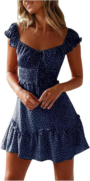 Summer Womens Smocked Dresses Ruffle Floral Tie Front Boho Sundress Sexy Fashion Print Neckline Mini Dress