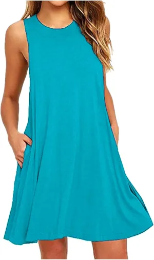 Sundresses for Women Fashion Loose Crewneck A Line Tank Mini Dress Casual Sleeveless Summer Beach Swing Dresses with Pockets