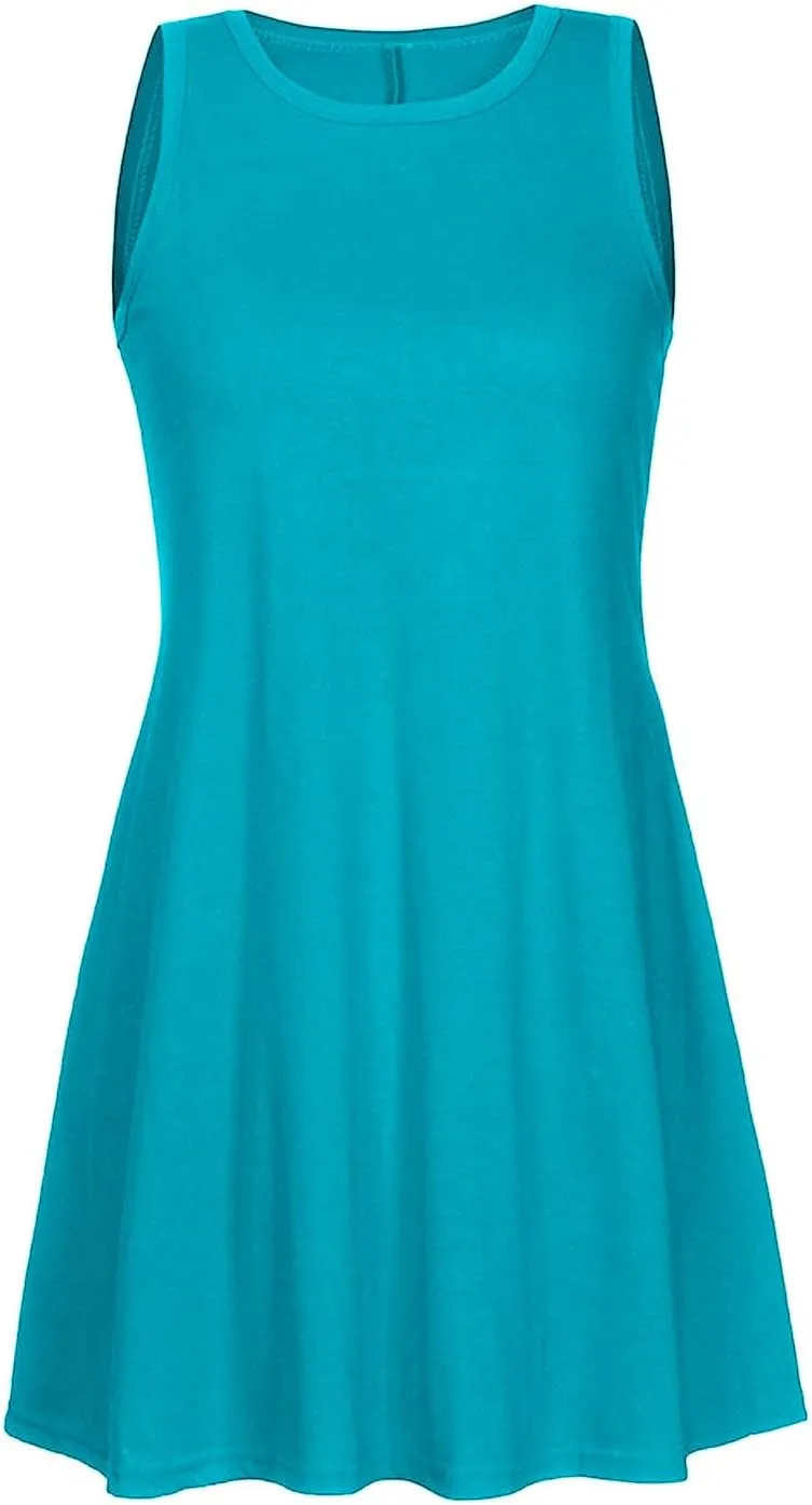 Sundresses for Women Fashion Loose Crewneck A Line Tank Mini Dress Casual Sleeveless Summer Beach Swing Dresses with Pockets