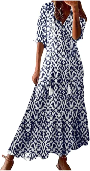 TANGNADE Women Boho Summer Maxi Dress Short Sleeve Tassel V Neck Ruffle Floral Printed Flowy A-Line Beach Travel Dresses