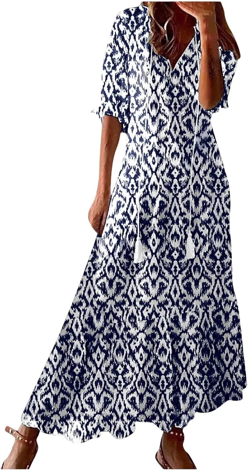 TANGNADE Women Boho Summer Maxi Dress Short Sleeve Tassel V Neck Ruffle Floral Printed Flowy A-Line Beach Travel Dresses