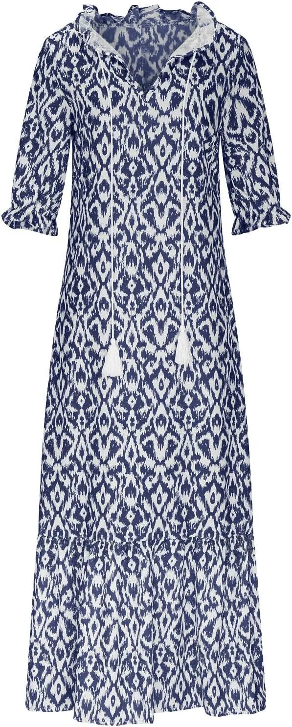 TANGNADE Women Boho Summer Maxi Dress Short Sleeve Tassel V Neck Ruffle Floral Printed Flowy A-Line Beach Travel Dresses