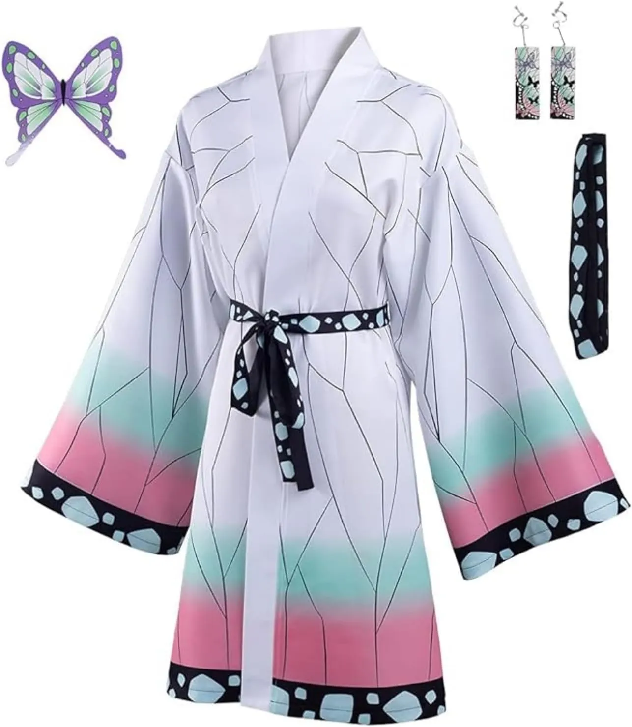 Tanjirou Robe Adult Green Plaid Cloak Kamado Tanjirou Cosplay Costume Color Block Kimono Cardigan Jacket Earrings Set