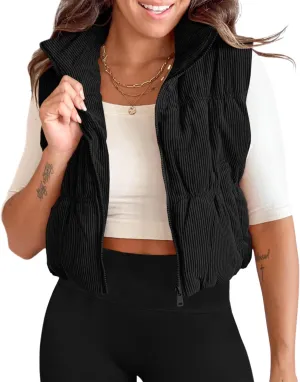 Tankaneo Womens Cropped Puffer Vest Corduroy Lightweight Sleeveless Padded Coat Zip Up Warm Outerwear