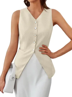 Tankaneo Womens Summer Suit Vest Tops Fashion Casual Sleeveless Blazers Split Hem Button Down Linen Work Waistcoat