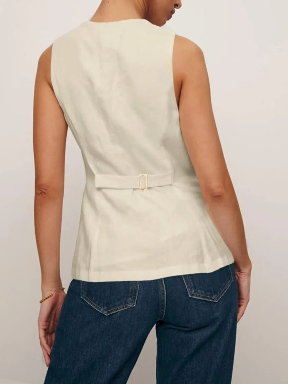 Tankaneo Womens Summer Suit Vest Tops Fashion Casual Sleeveless Blazers Split Hem Button Down Linen Work Waistcoat