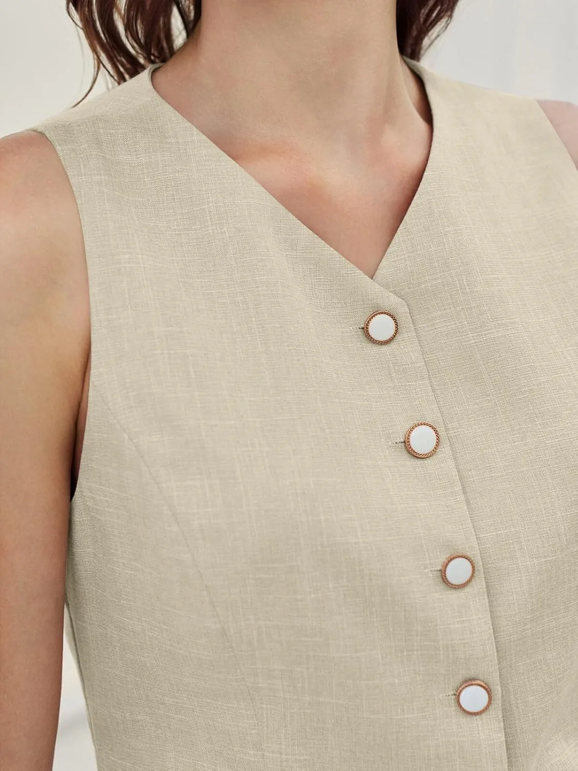 Tankaneo Womens Summer Suit Vest Tops Fashion Casual Sleeveless Blazers Split Hem Button Down Linen Work Waistcoat
