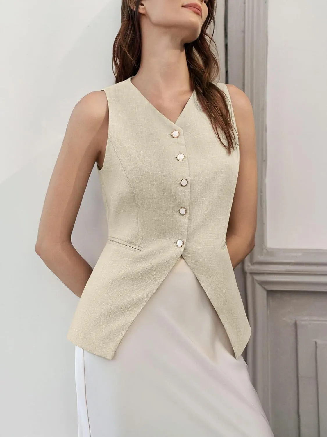 Tankaneo Womens Summer Suit Vest Tops Fashion Casual Sleeveless Blazers Split Hem Button Down Linen Work Waistcoat