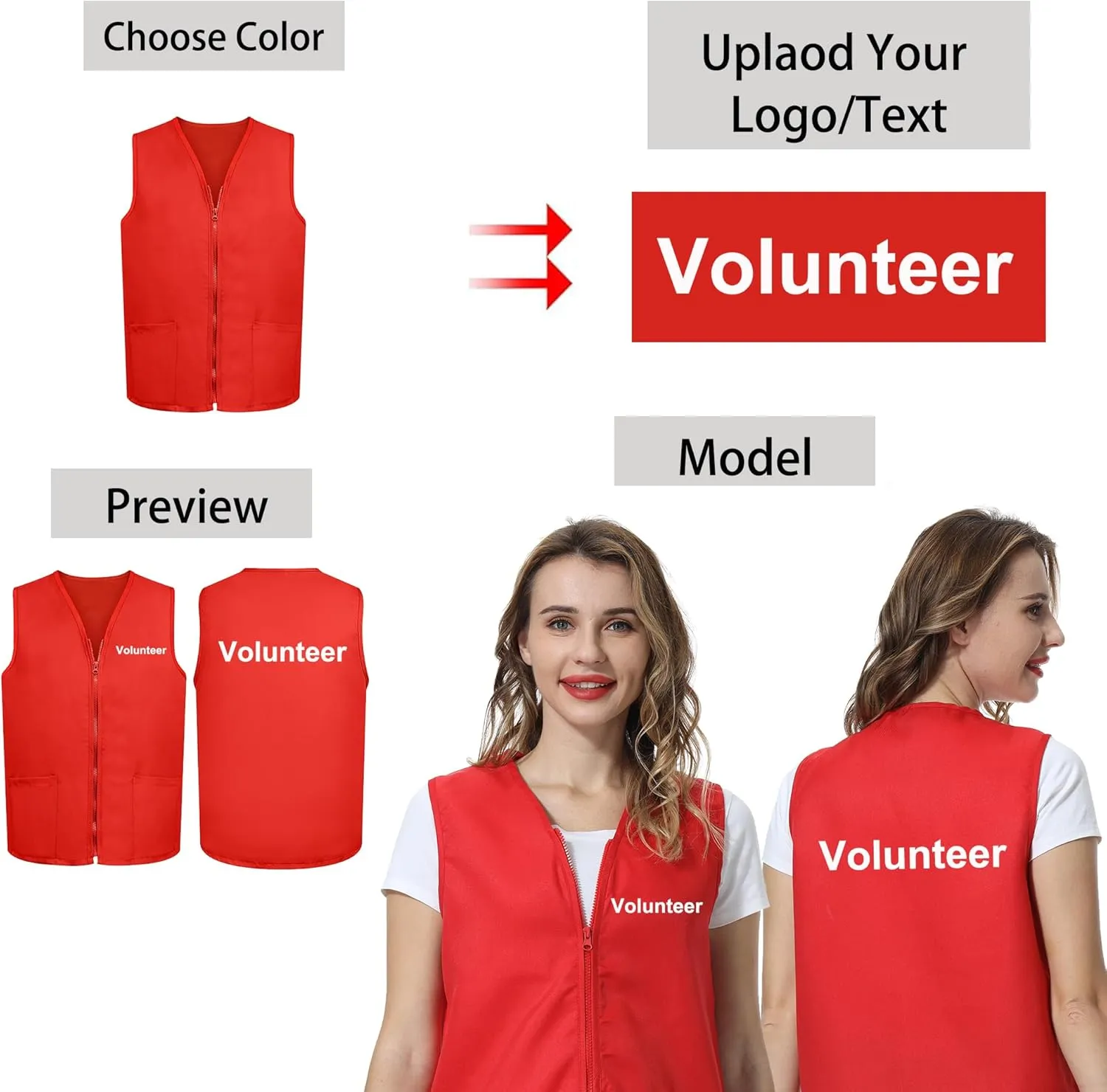 TopTie Custom Adult Volunteer Uniform Vest Polyester Zipper Supermarket Activity Vest