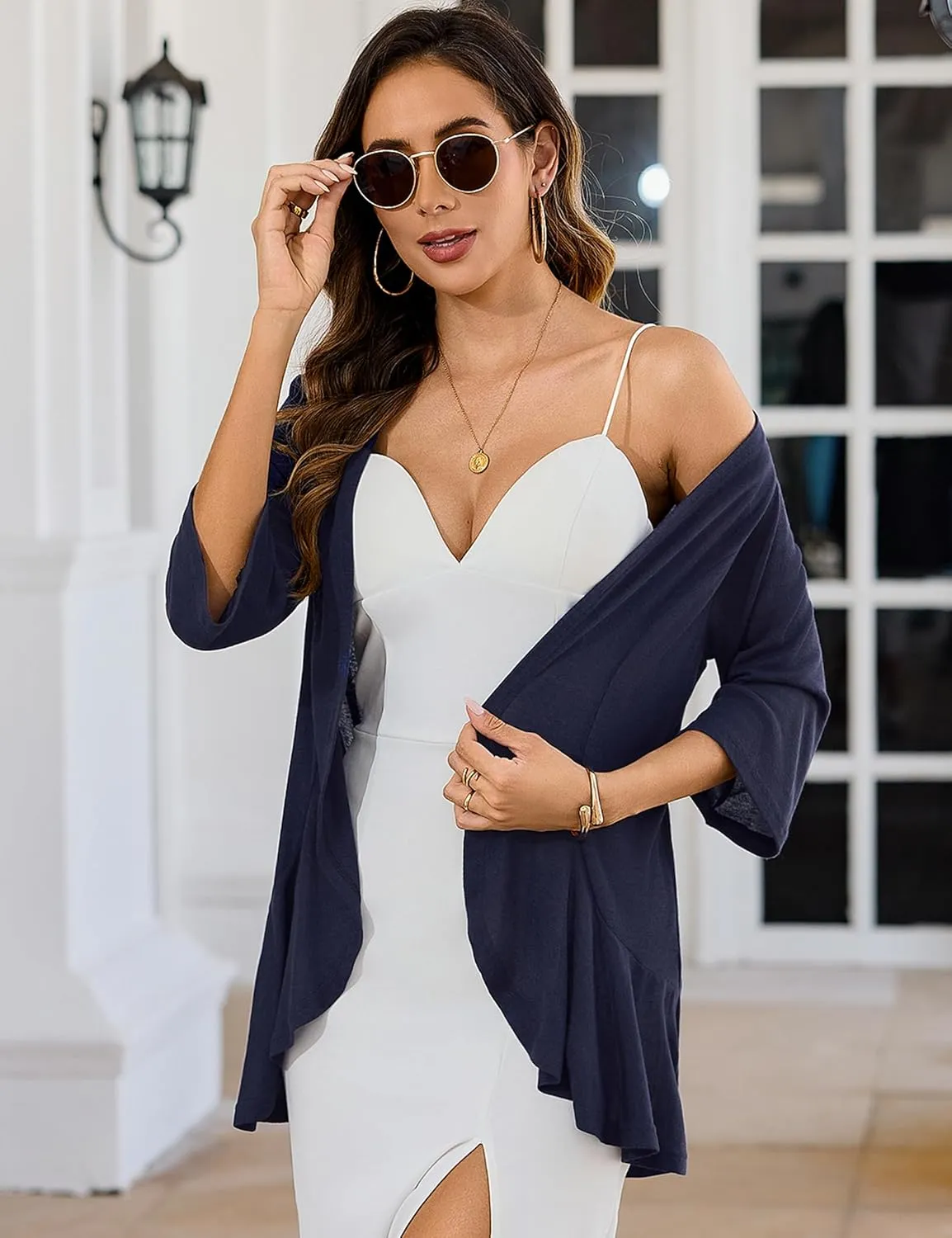 Totatuit Womens 3/4 Sleeve Lightweight Cardigan Open Front Kimono Summer Ruffle Loose Cardigans