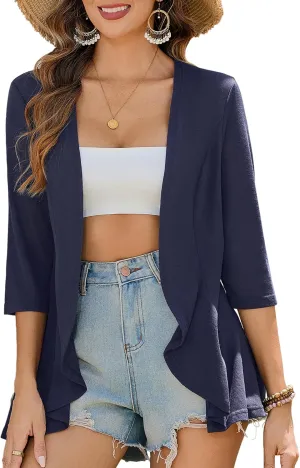 Totatuit Womens 3/4 Sleeve Lightweight Cardigan Open Front Kimono Summer Ruffle Loose Cardigans