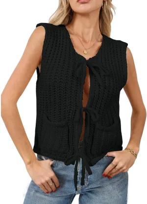 Trendy Cardigan Sweater Vest for Women Crochet Chunky Knit Top Sleeveless Bows Bandage Crop Tops with Pockets