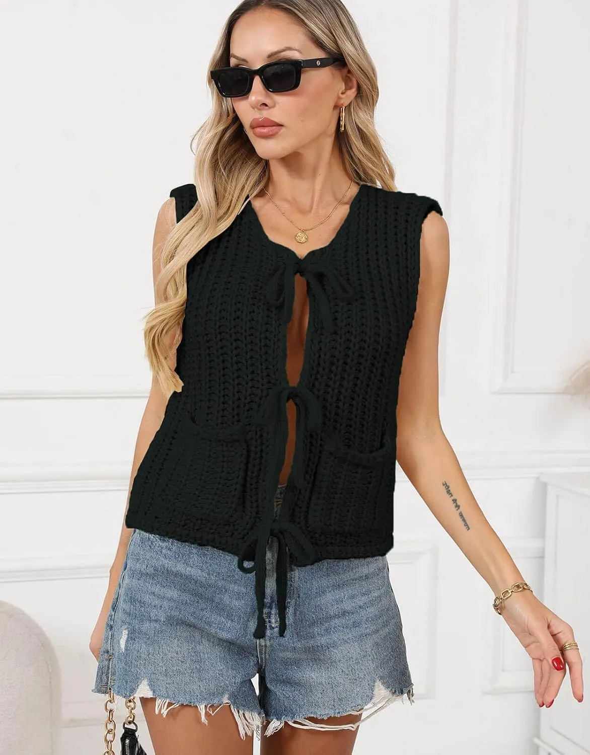 Trendy Cardigan Sweater Vest for Women Crochet Chunky Knit Top Sleeveless Bows Bandage Crop Tops with Pockets