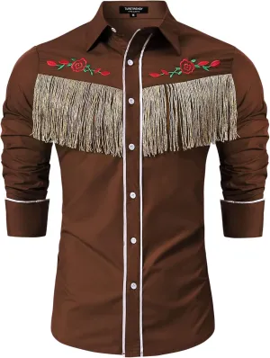 TURETRENDY Men's Western Cowboy Fringe Shirt Long Sleeve Rose Embroidered Slim Fit Button Down Shirt