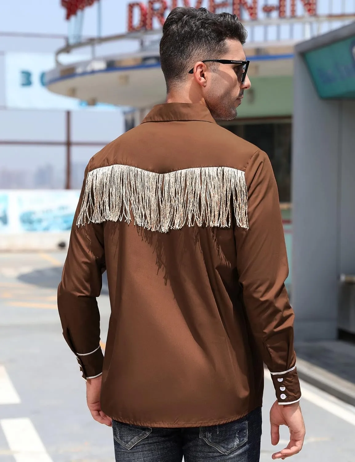TURETRENDY Men's Western Cowboy Fringe Shirt Long Sleeve Rose Embroidered Slim Fit Button Down Shirt