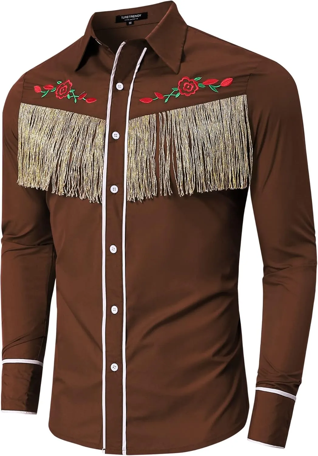 TURETRENDY Men's Western Cowboy Fringe Shirt Long Sleeve Rose Embroidered Slim Fit Button Down Shirt