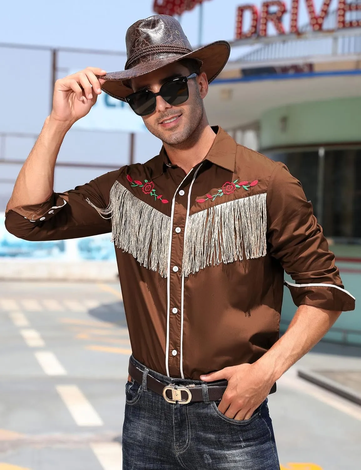 TURETRENDY Men's Western Cowboy Fringe Shirt Long Sleeve Rose Embroidered Slim Fit Button Down Shirt