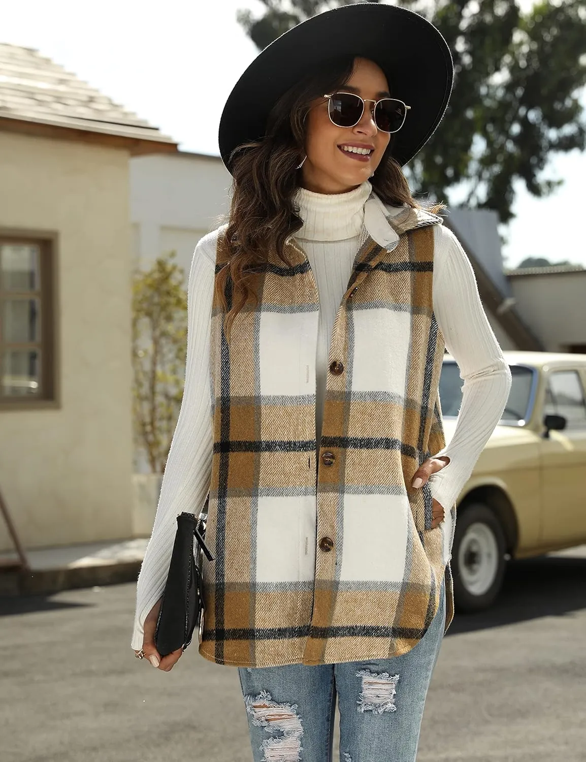 UANEO Womens Fall Flannel Plaid Vest Button Down Sleeveless Shirt Jacket With Pockets