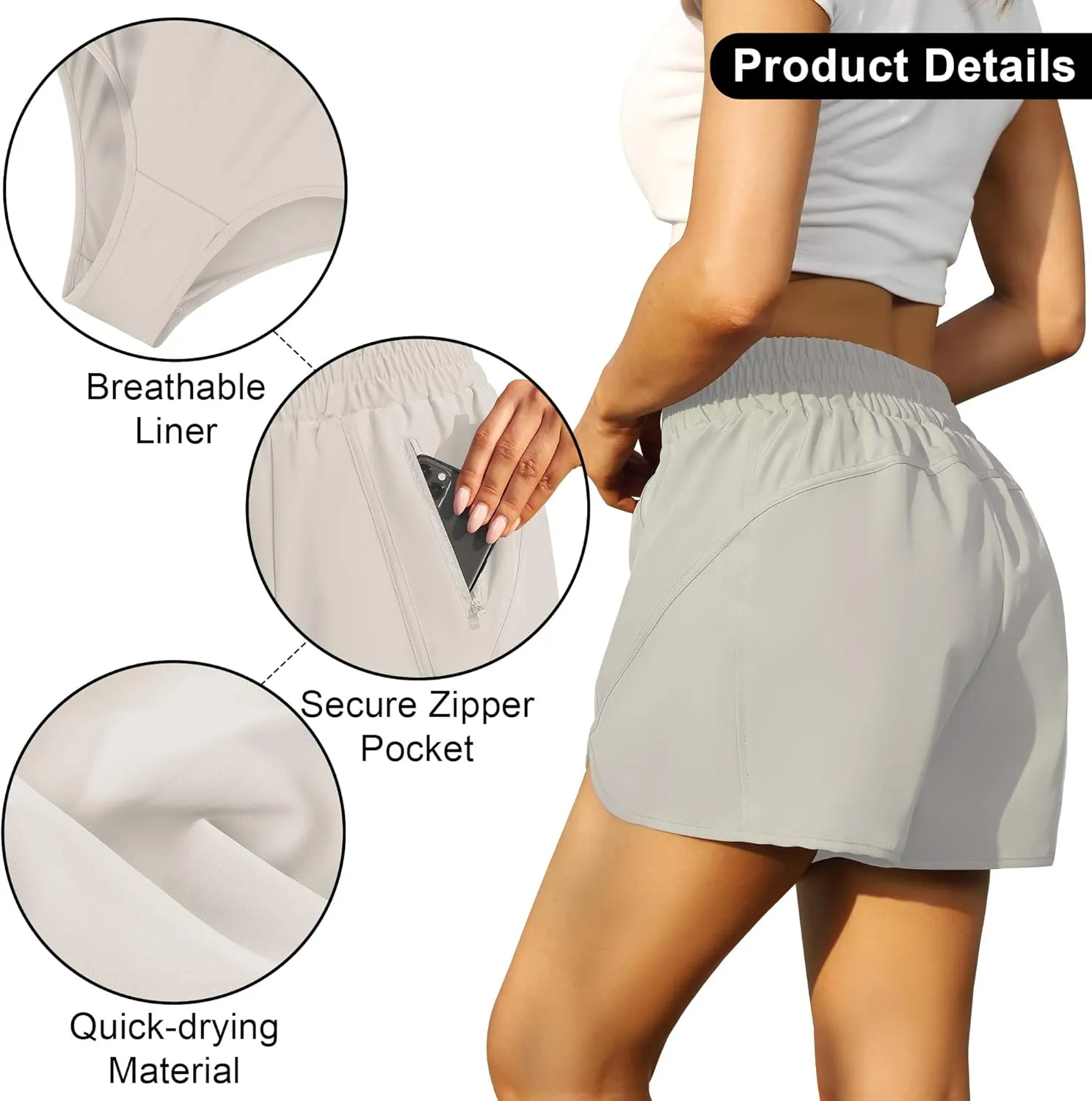 URATOT 2 Pack Women's Athletic Shorts Quick Dry High Waisted Running Shorts with Zip Pocket Gym Elastic Workout Short