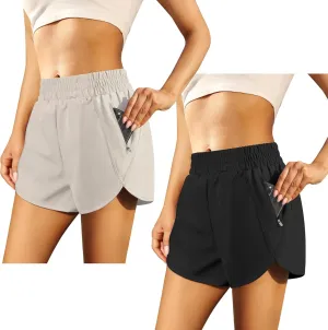 URATOT 2 Pack Women's Athletic Shorts Quick Dry High Waisted Running Shorts with Zip Pocket Gym Elastic Workout Short