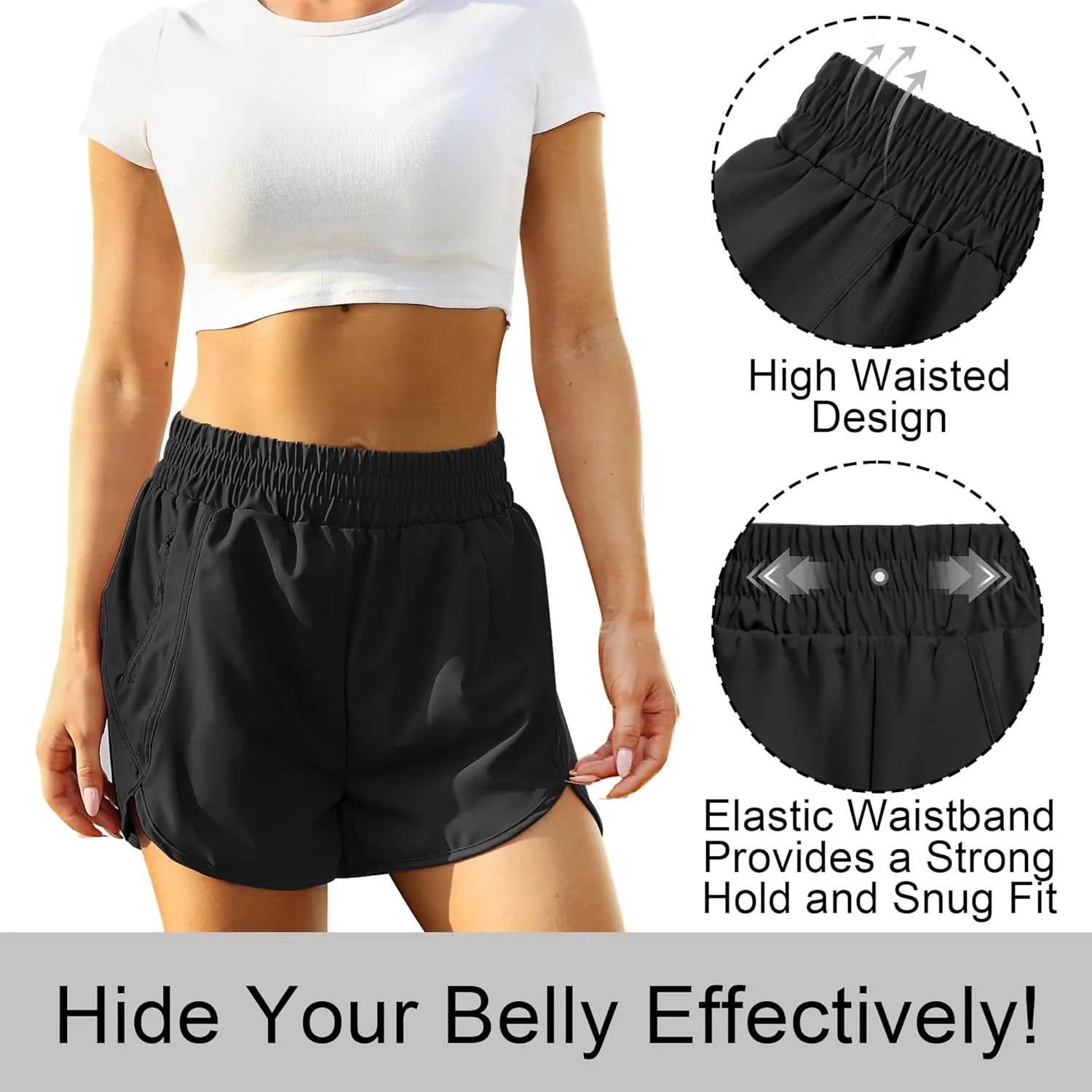 URATOT 2 Pack Women's Athletic Shorts Quick Dry High Waisted Running Shorts with Zip Pocket Gym Elastic Workout Short