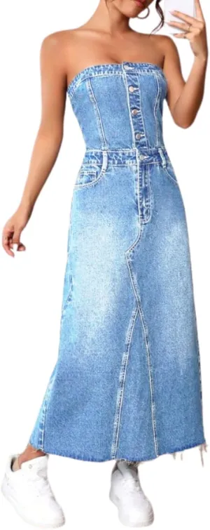 utcoco Denim Dress for Women Sexy Strapless Denim Tube Tops Back Smocked Jean Dresses for Women 2025