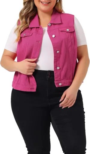 uxcell Denim Vest Top for Women Plus Size Sleeveless Button Down Waistcoat with Two Chest Flap Pockets Jean Jacket Vest