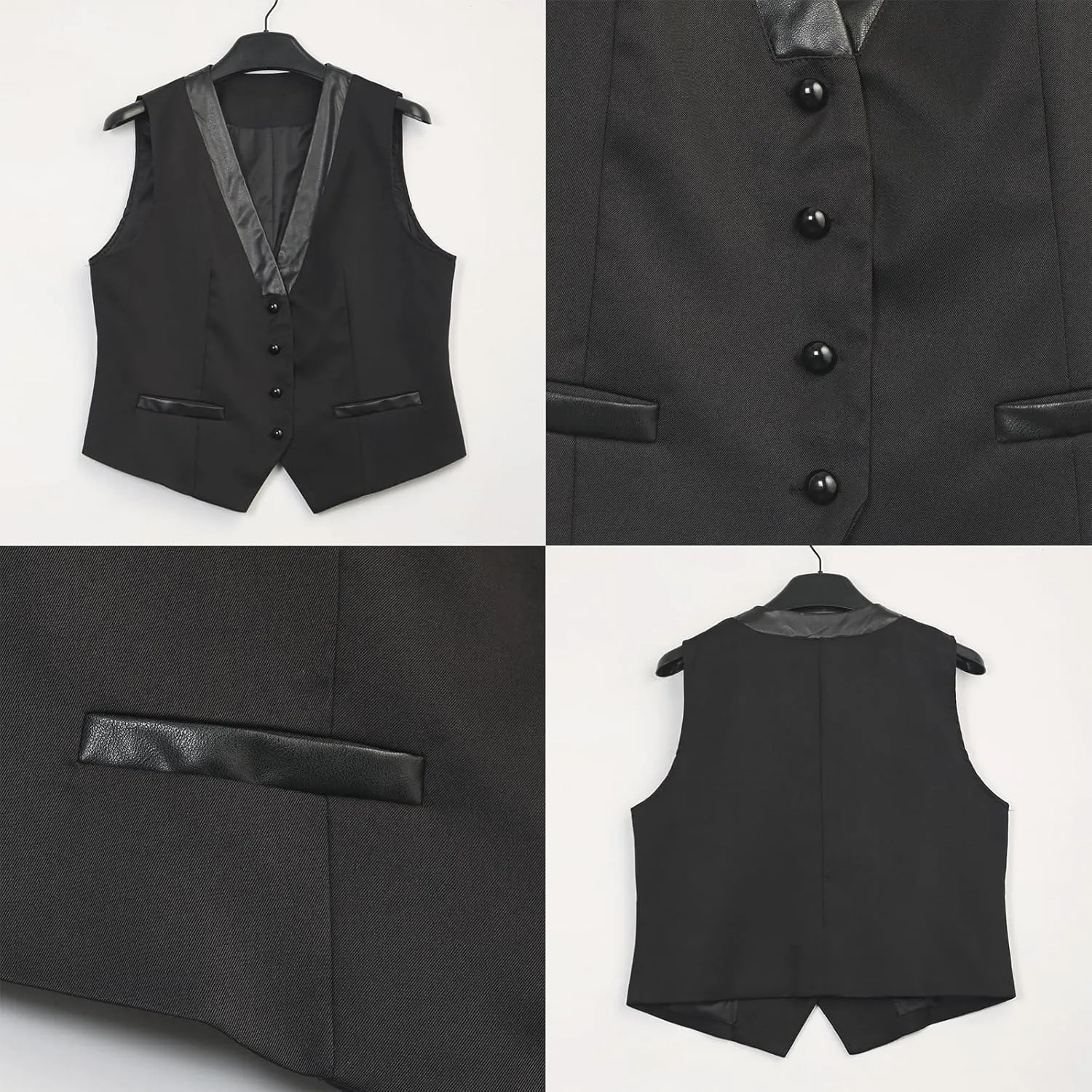 V Neck Suit Vest for Women, Black Sleeveless Button Down Crop Vest Office Waistcoat Top Blazer Coat