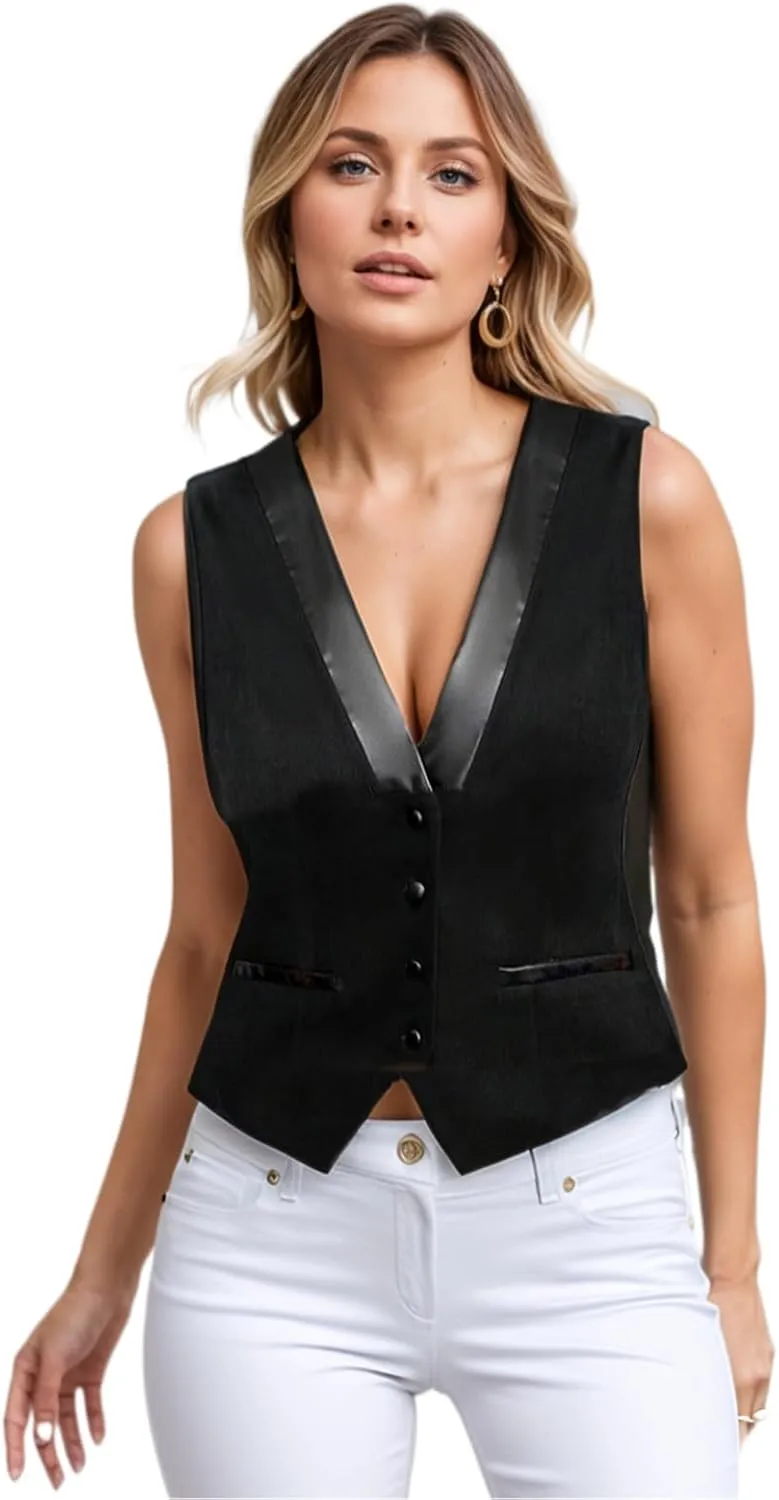 V Neck Suit Vest for Women, Black Sleeveless Button Down Crop Vest Office Waistcoat Top Blazer Coat