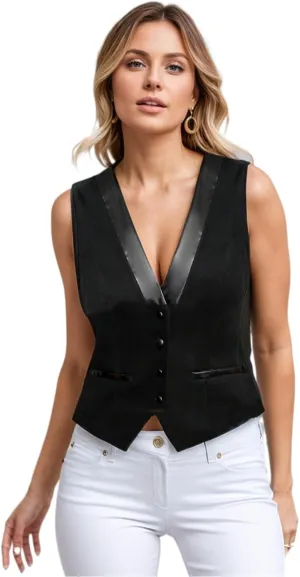 V Neck Suit Vest for Women, Black Sleeveless Button Down Crop Vest Office Waistcoat Top Blazer Coat