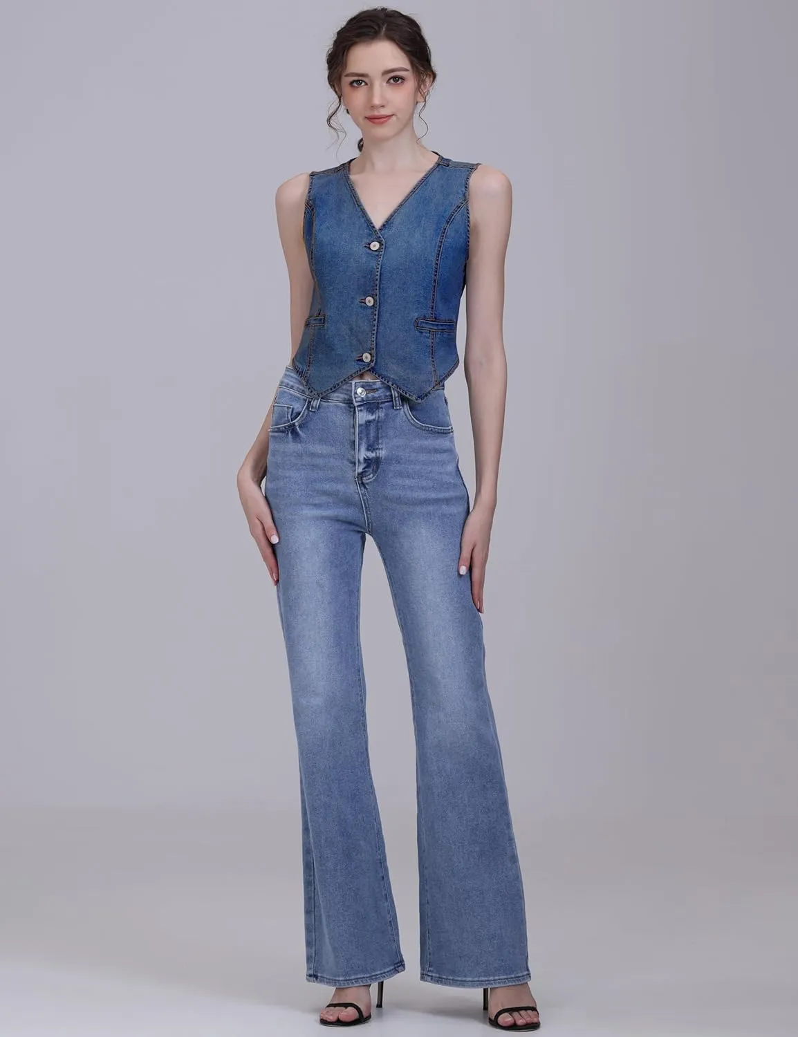 V VOCNI Womens Denim Vest Sleeveless Jean Vest Top Cropped Denim Tops Fashion Western Vest