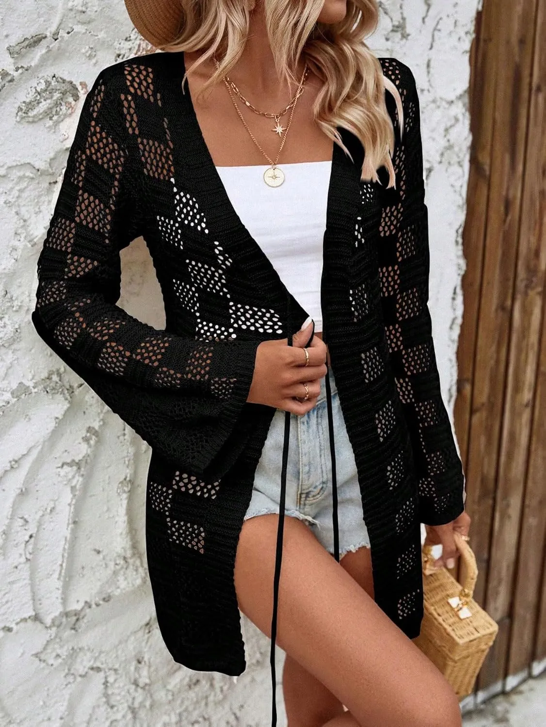 Verdusa Women's Crochet Cardigan Lightweight Kimono Sweater Tie Front Flounce Sleeve Sheer Knit Top