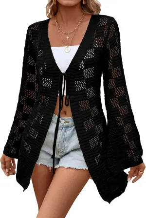 Verdusa Women's Crochet Cardigan Lightweight Kimono Sweater Tie Front Flounce Sleeve Sheer Knit Top