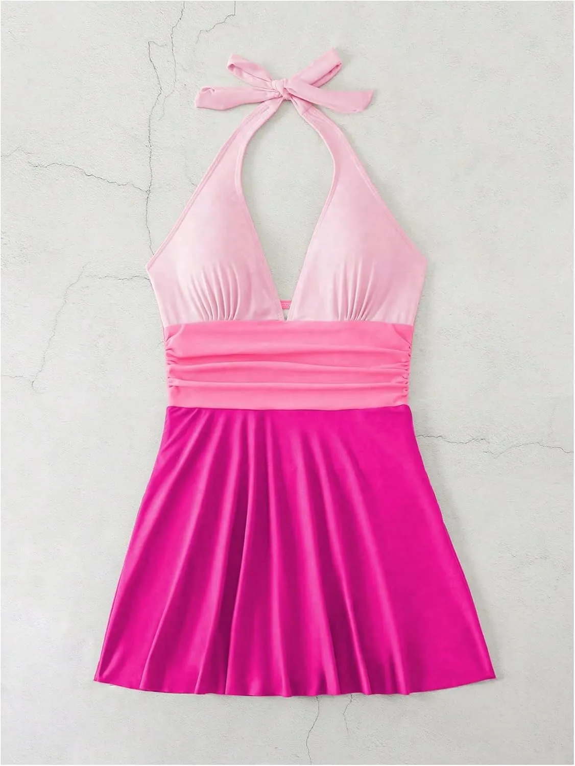 Verdusa Women's Modest One Piece Swimsuit Color Block Deep V Neck Backless Ruched Short Swim Dress