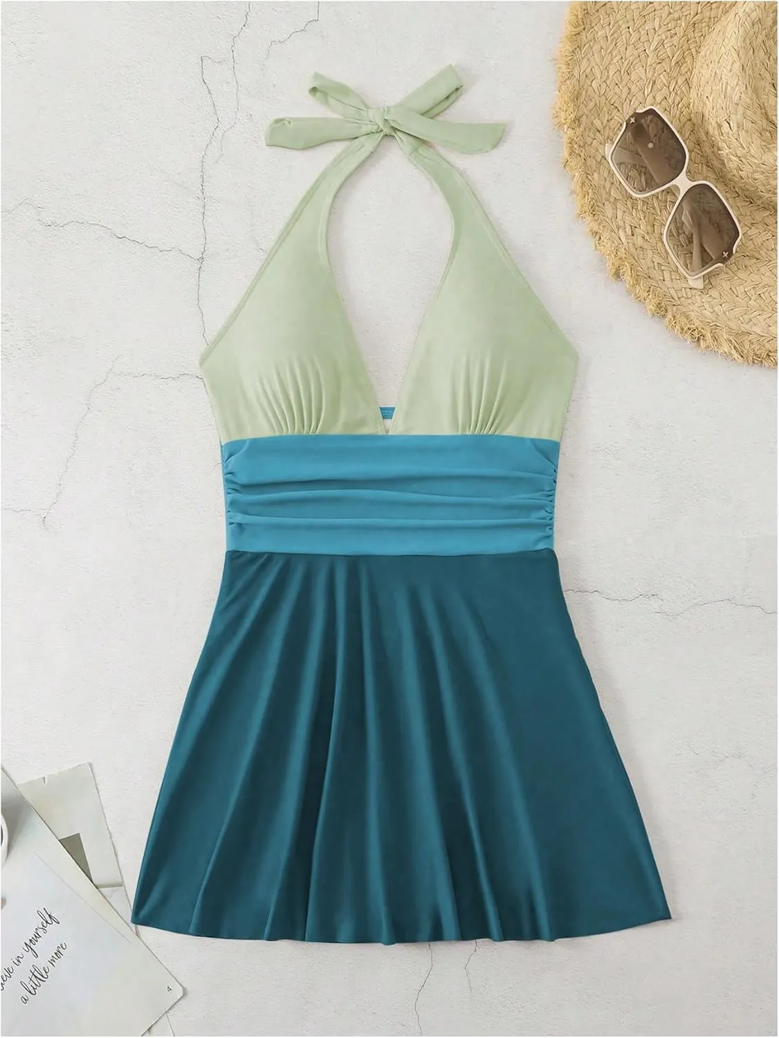 Verdusa Women's Modest One Piece Swimsuit Color Block Deep V Neck Backless Ruched Short Swim Dress
