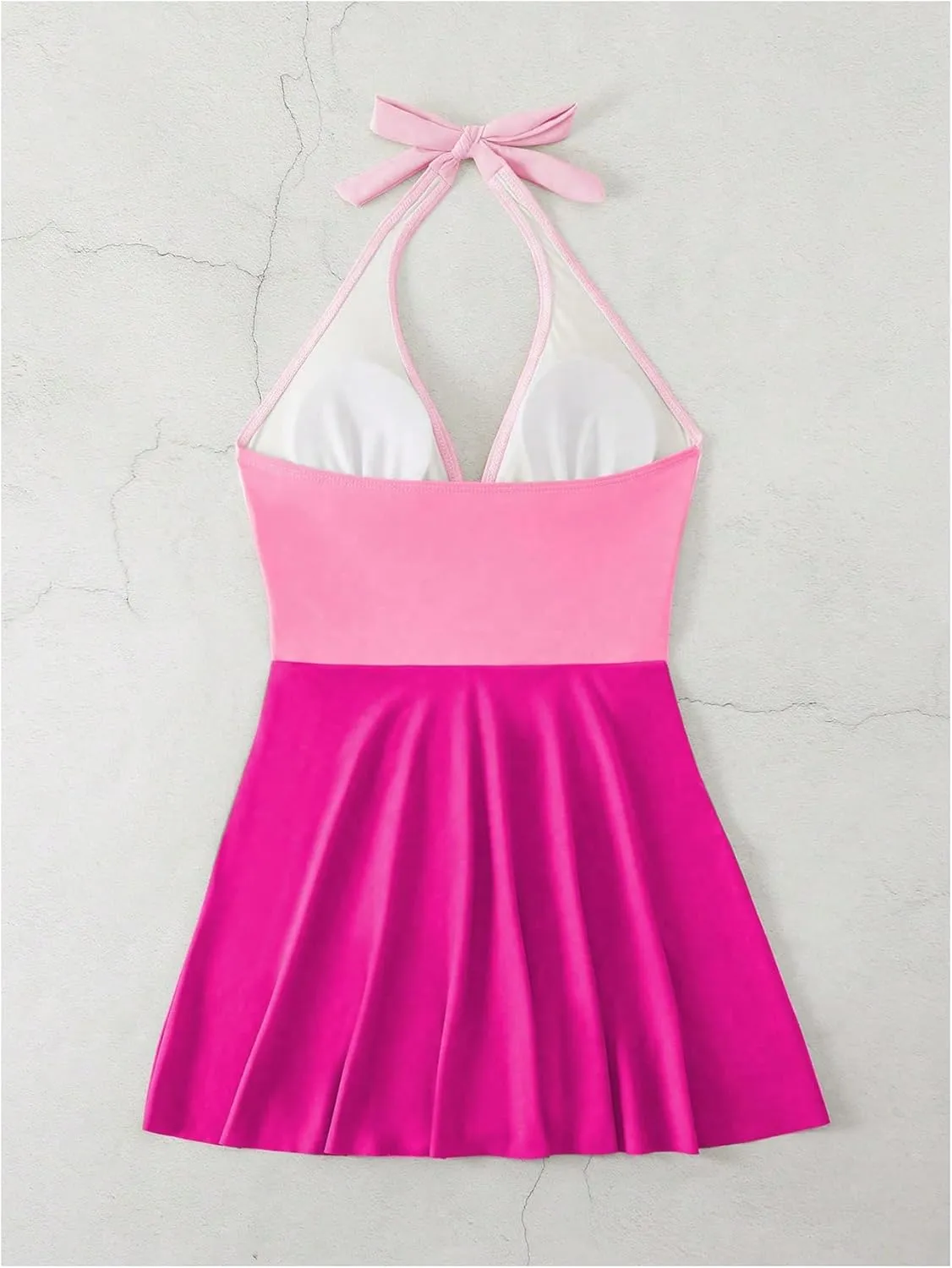 Verdusa Women's Modest One Piece Swimsuit Color Block Deep V Neck Backless Ruched Short Swim Dress