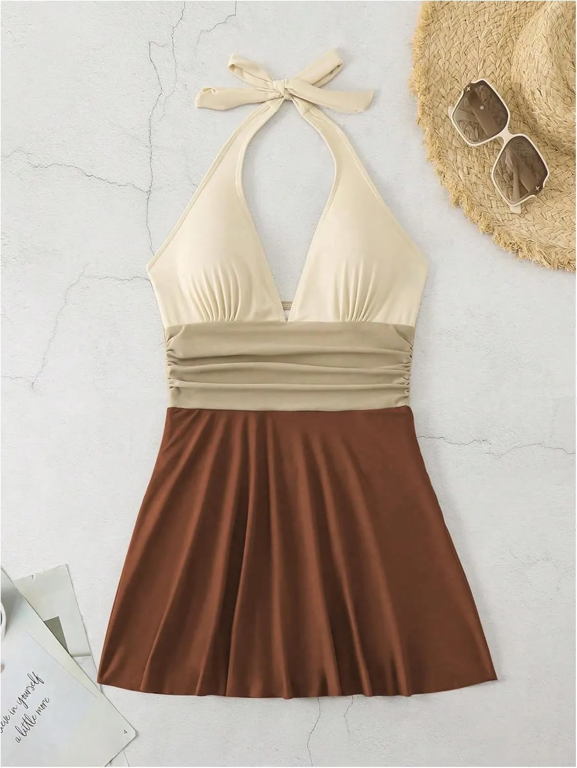 Verdusa Women's Modest One Piece Swimsuit Color Block Deep V Neck Backless Ruched Short Swim Dress