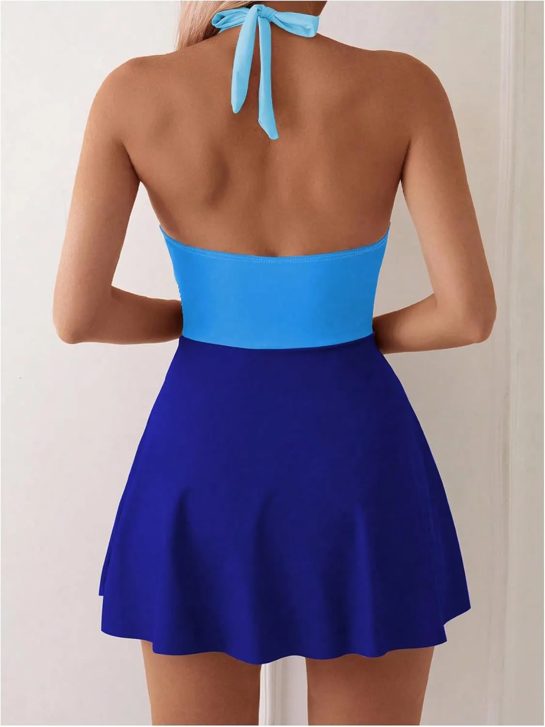 Verdusa Women's Modest One Piece Swimsuit Color Block Deep V Neck Backless Ruched Short Swim Dress