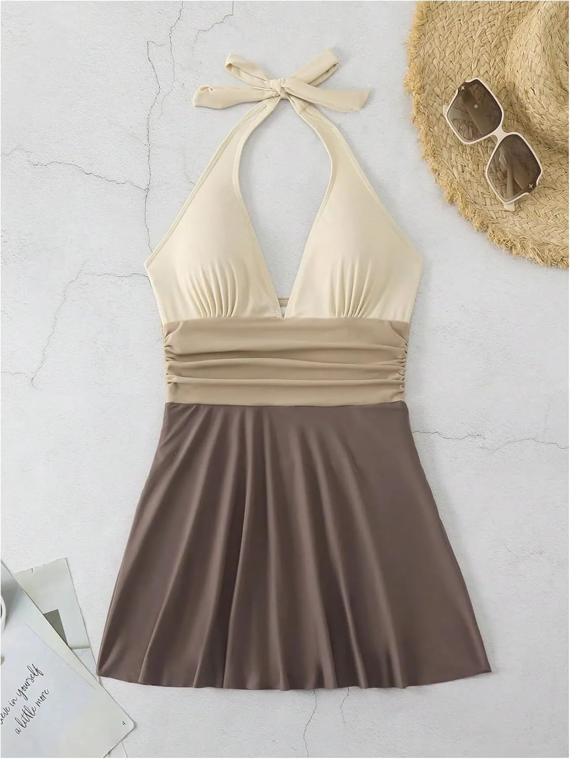 Verdusa Women's Modest One Piece Swimsuit Color Block Deep V Neck Backless Ruched Short Swim Dress