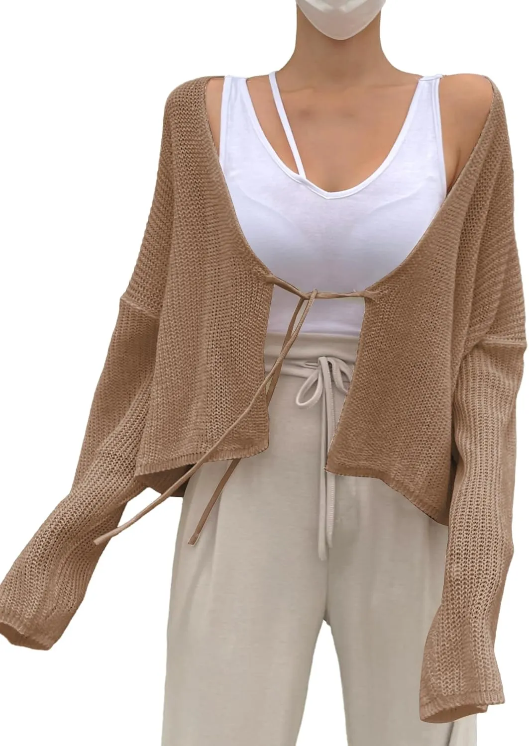 Verdusa Women's Tie Front Drop Shoulder Long Sleeve Knit Cardigan Sweater Kimono