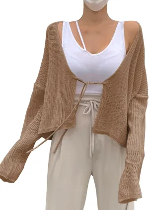 Verdusa Women's Tie Front Drop Shoulder Long Sleeve Knit Cardigan Sweater Kimono