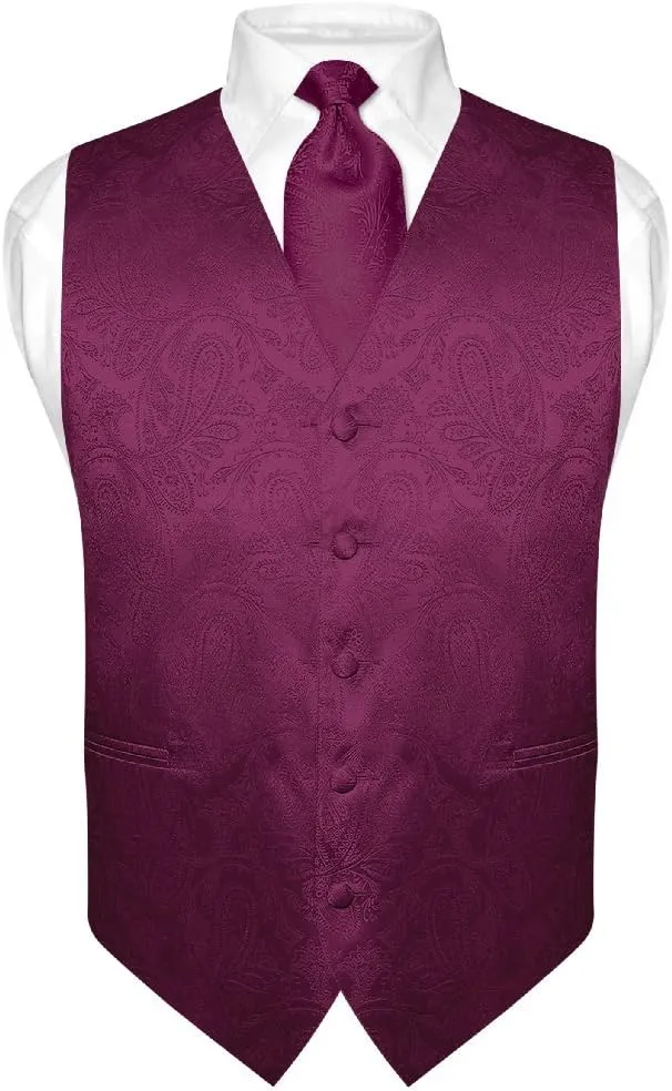 Vesuvio Napoli Men's Paisley Design Dress Vest & NeckTie GOLD Color Neck Tie Set for Suit Tux