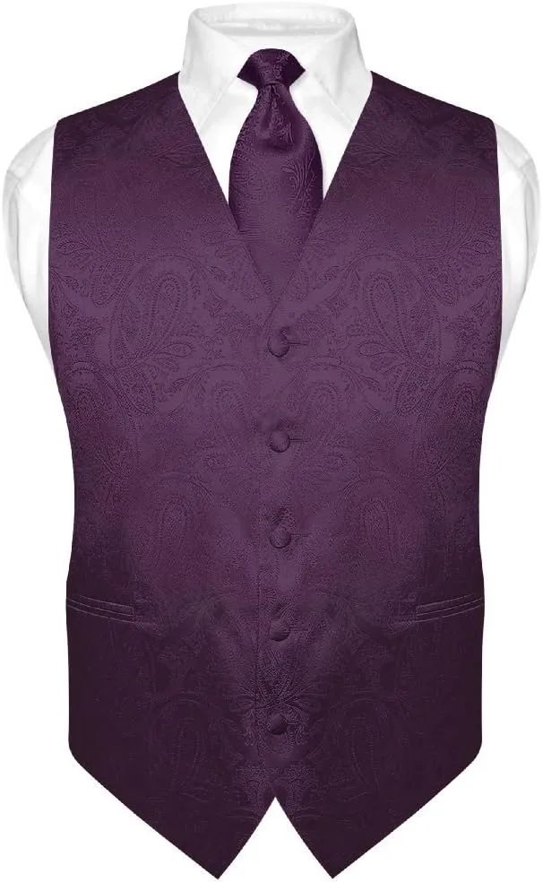 Vesuvio Napoli Men's Paisley Design Dress Vest & NeckTie GOLD Color Neck Tie Set for Suit Tux