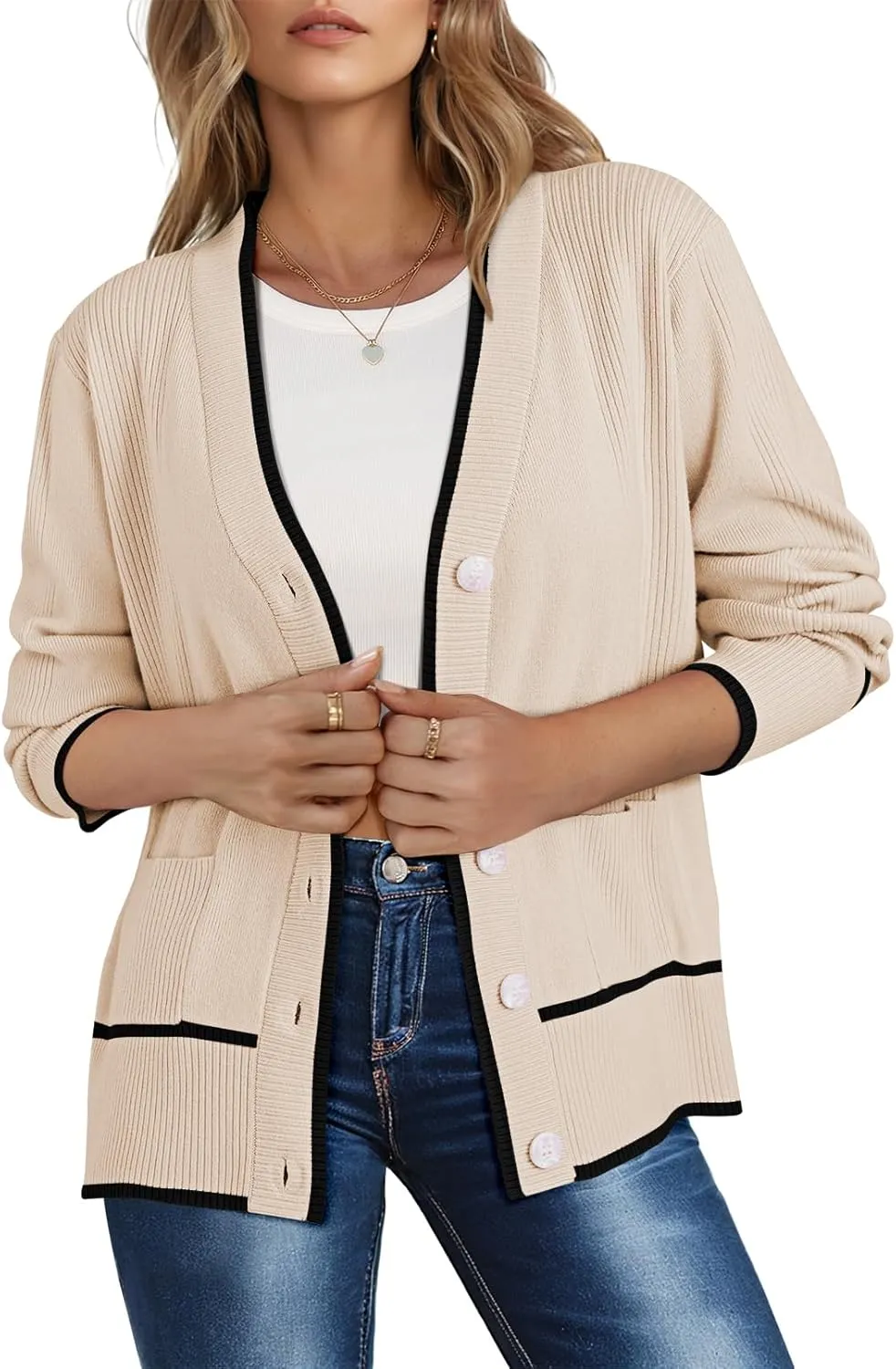 Viottiset Women's Cardigan Sweaters Oversized Button Down Striped V Neck Color Block Knit Sweater Lightweight