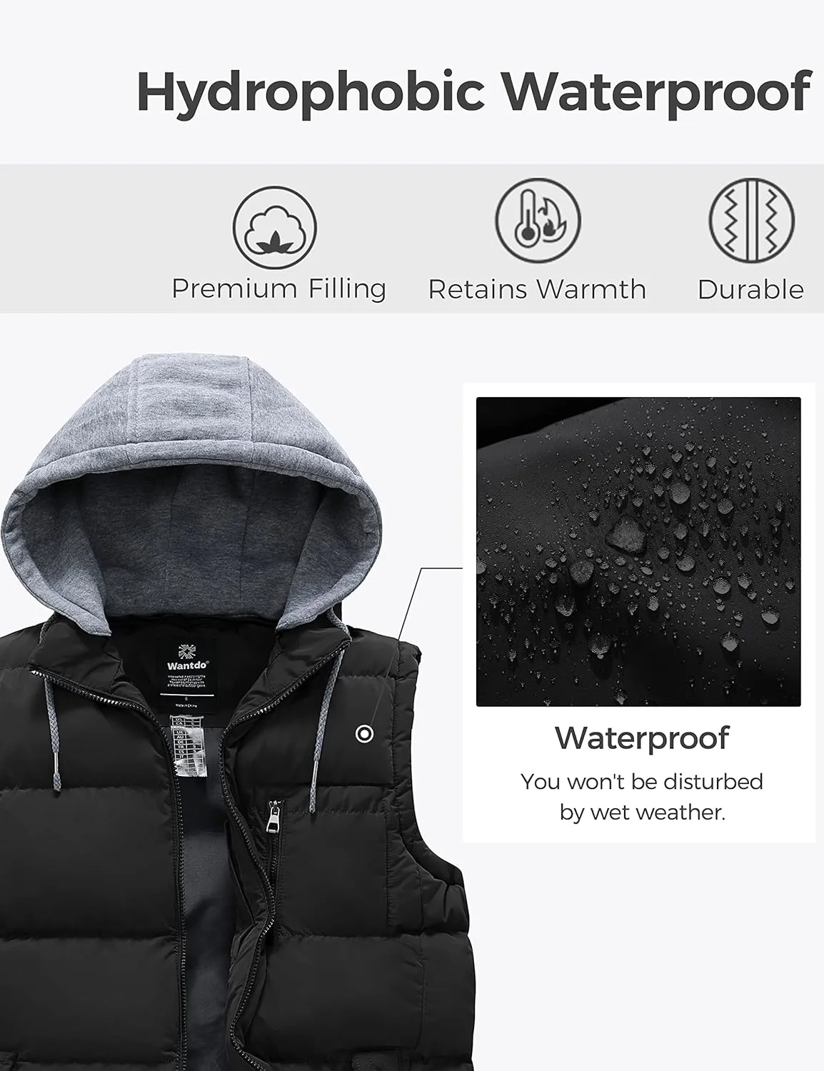 wantdo Men's Quilted Winter Vest Thicken Sleeveless Jacket with Detachable Hood